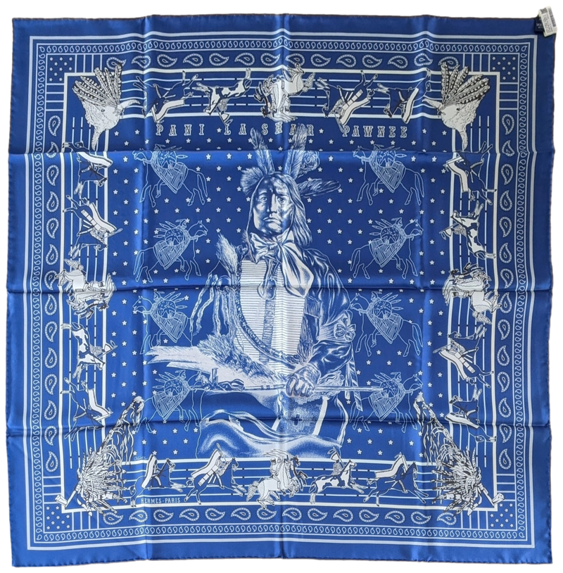 HERMES Bleu PANI LA SHAR PAWNEE by Kermit Oliver DOUBLE FACE HERMES Bleu PANI LA SHAR PAWNEE by Kermit Oliver DOUBLE FACE