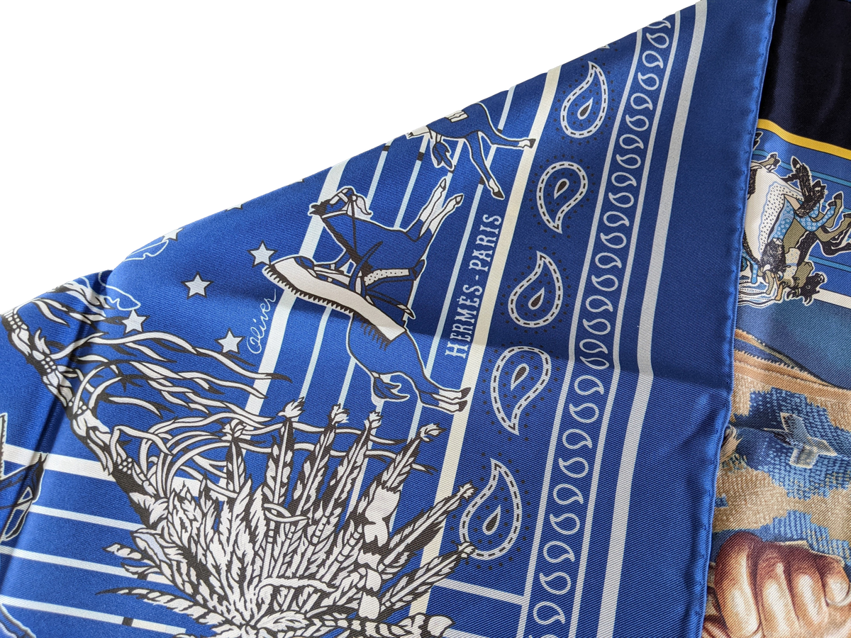 HERMES Bleu PANI LA SHAR PAWNEE by Kermit Oliver DOUBLE FACE Twill Scarf 90 x 90 cm, NIB