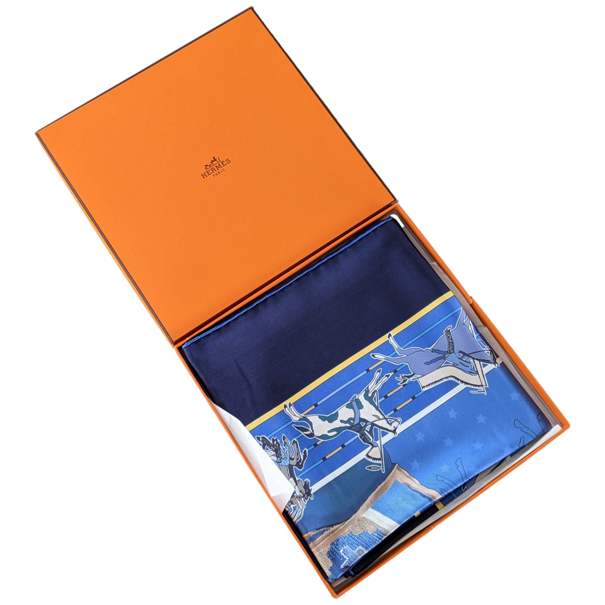 HERMES Bleu PANI LA SHAR PAWNEE by Kermit Oliver DOUBLE FACE Twill Scarf 90 x 90 cm, NIB