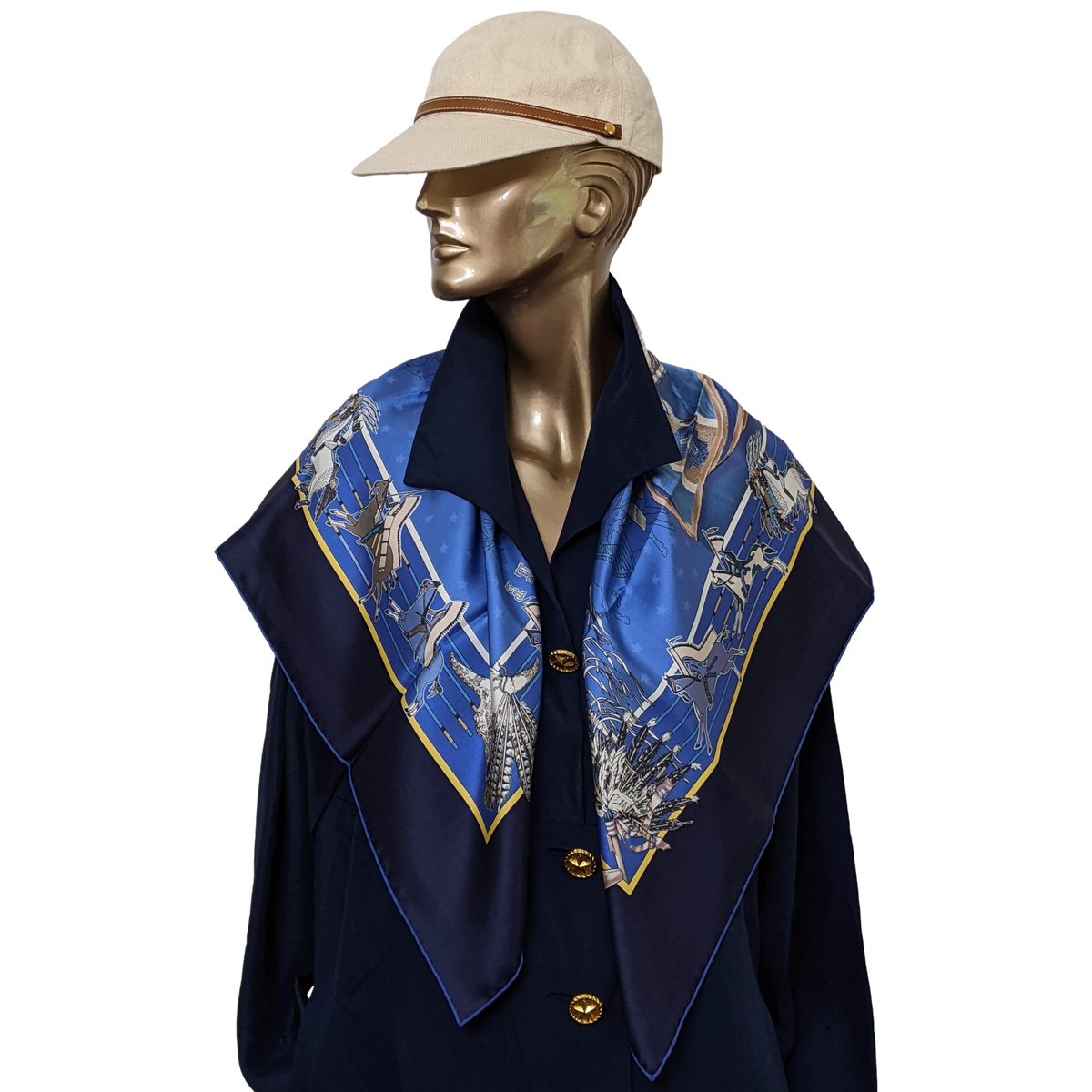 HERMES Bleu PANI LA SHAR PAWNEE by Kermit Oliver DOUBLE FACE Twill Scarf 90 x 90 cm, NIB