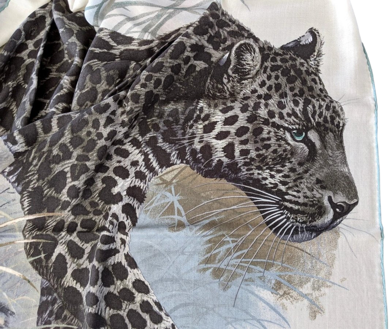 Hermes 2016 Blanc/Anthracite/Vert "Panthera Pardus" by Robert Dallet Cashmere Shawl 140