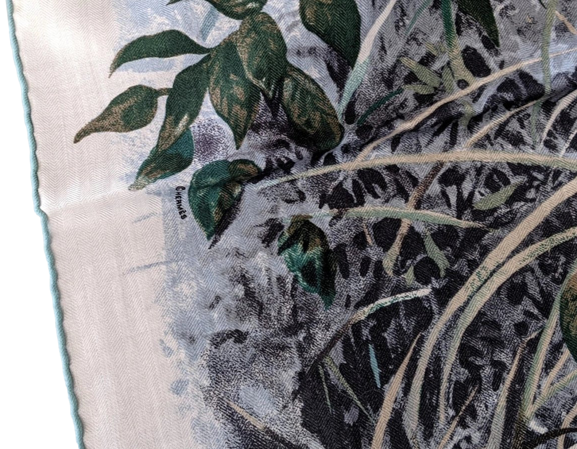 Hermes 2016 Blanc/Anthracite/Vert "Panthera Pardus" by Robert Dallet Cashmere Shawl 140