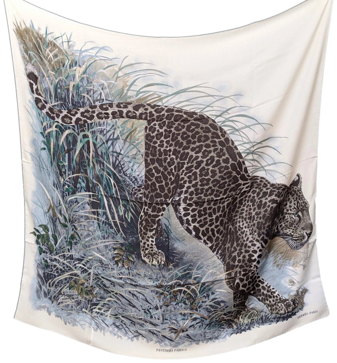 Hermes 2016 Blanc/Anthracite/Vert "Panthera Pardus" by Robert Dallet Cashmere Shawl 140