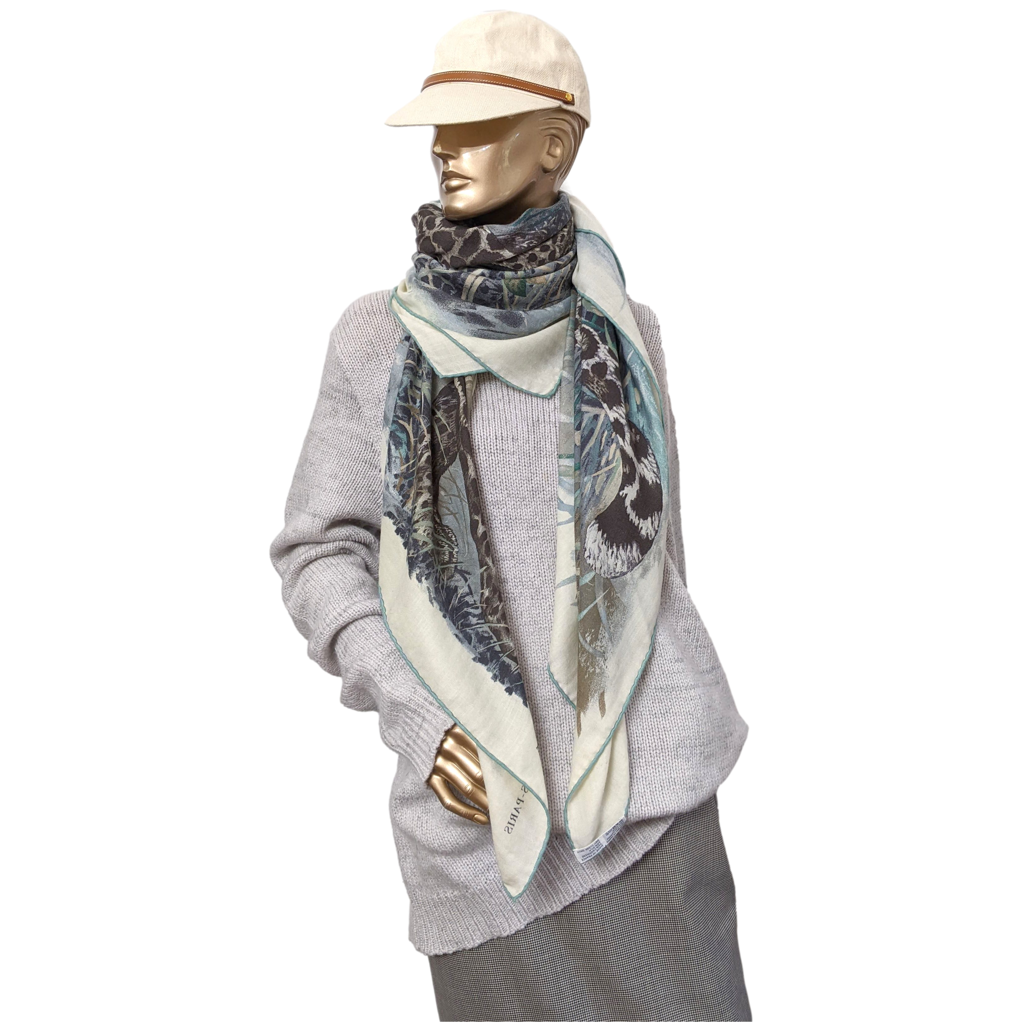 Hermes 2016 Blanc/Anthracite/Vert "Panthera Pardus" by Robert Dallet Cashmere Shawl 140