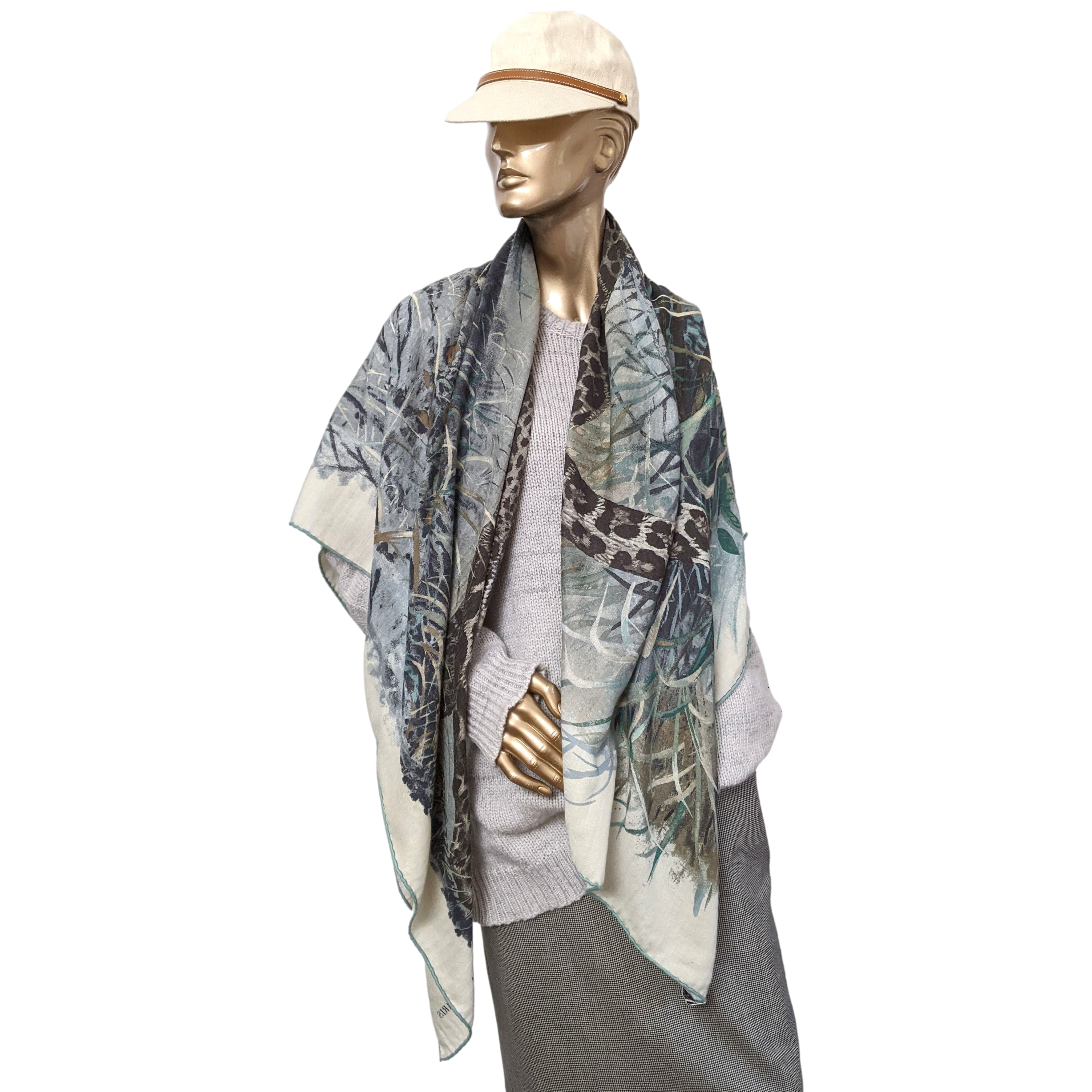 Hermes 2016 Blanc/Anthracite/Vert "Panthera Pardus" by Robert Dallet Cashmere Shawl 140