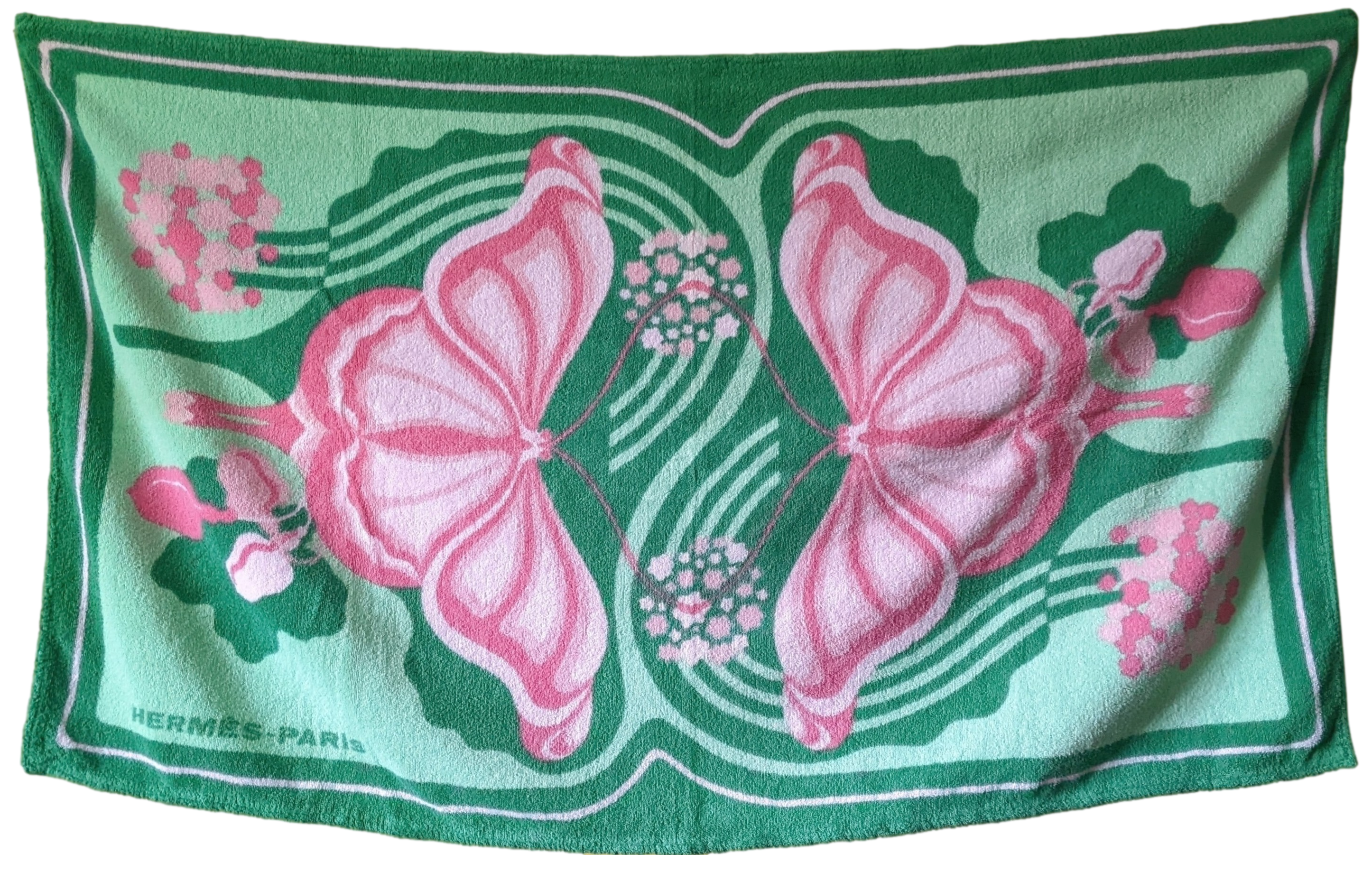 HERMES Vert/Rose PAPILLON 2 Terry Cotton Beach Towel 90 x 150 cm