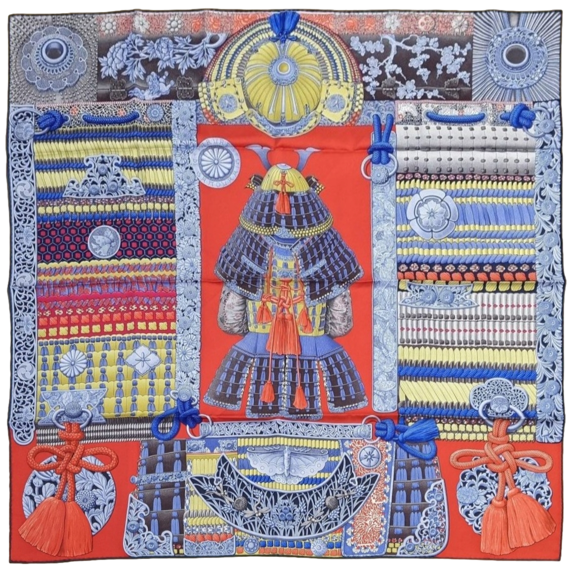 Hermes 2017 Bleu/Rouge/Or 'Parures de Samourais' by Aline Honore Samurais Twill 90cm