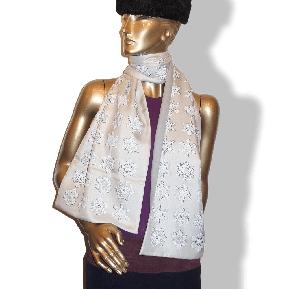Hermes Pearl Grey Feux de L'hiver Blanc Matte Overlay Snowflakes Printed Twill & Angora Etole Stole 12"x 67", New! - poupishop