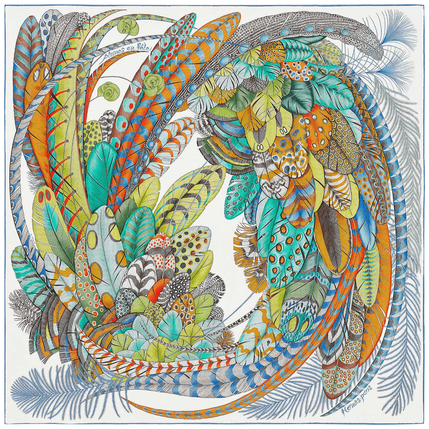 HERMES 2020 Plumes en Fete Twill Silk Scarf 90 x 90 cm