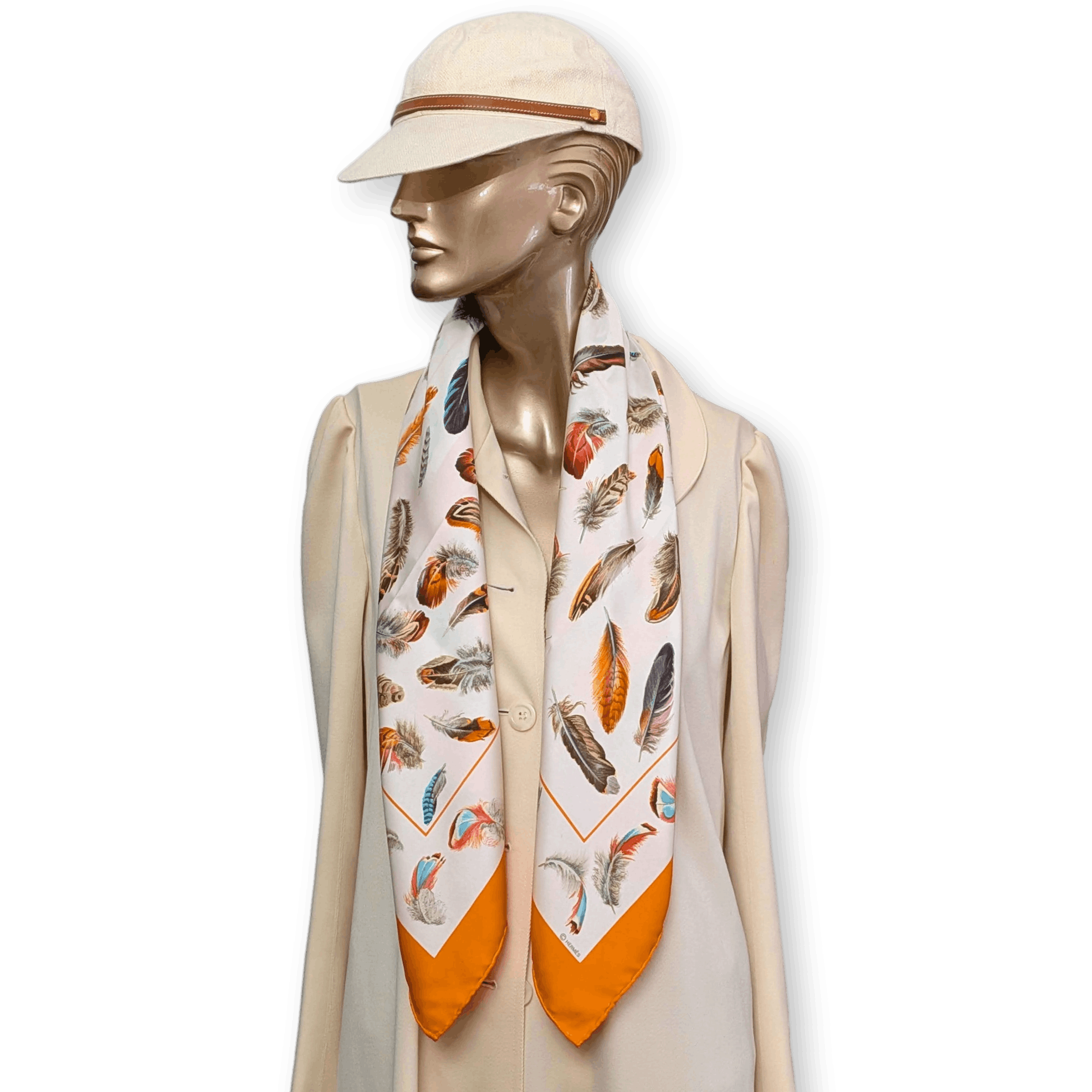 HERMES Plumes Special Issue for Maison Deyrolle Twill Silk Scarf 90 x 90 cm Orange Pristine Box