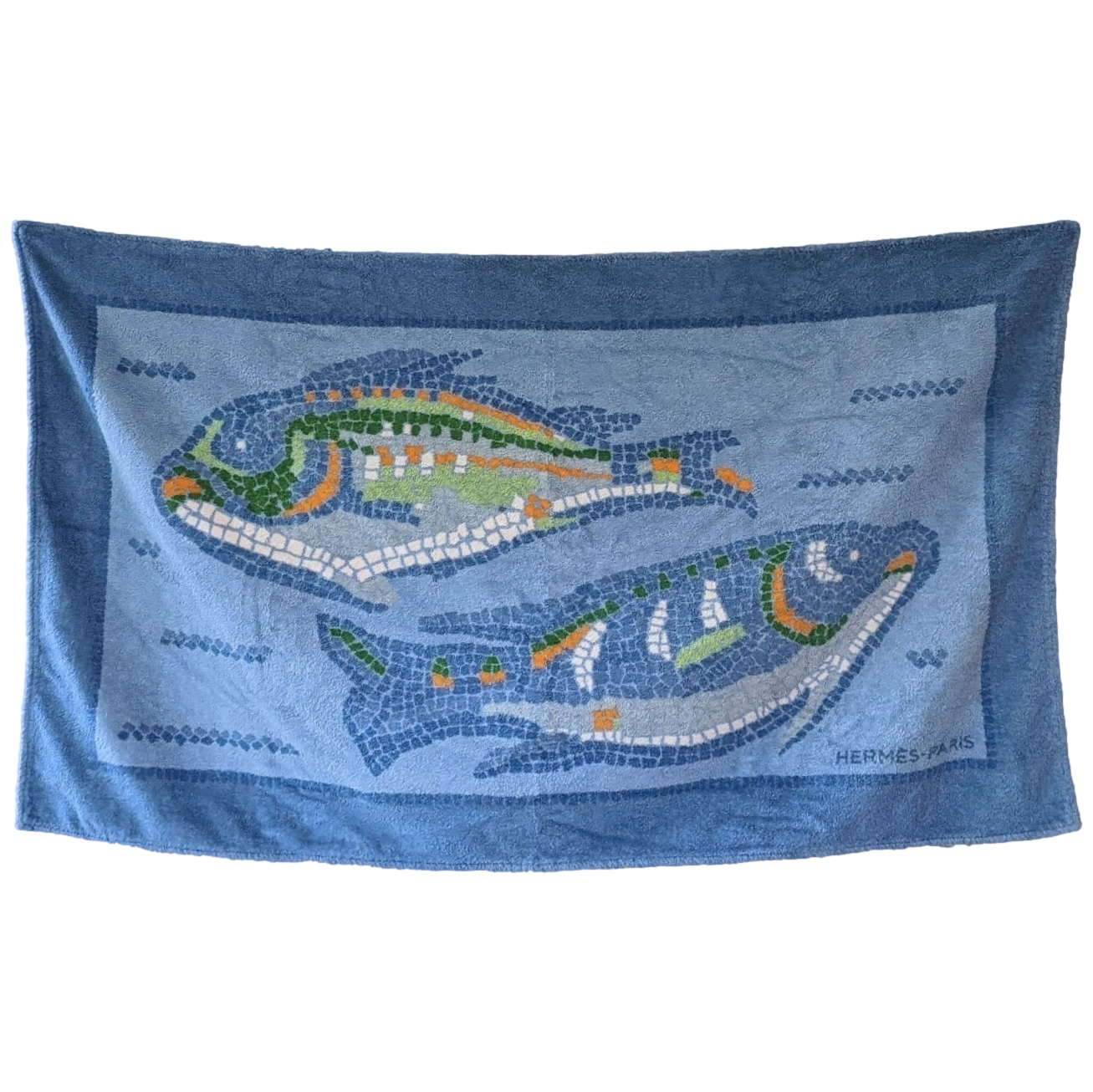 HERMES Poissons mosaics bleu Terry Beach Towel GM