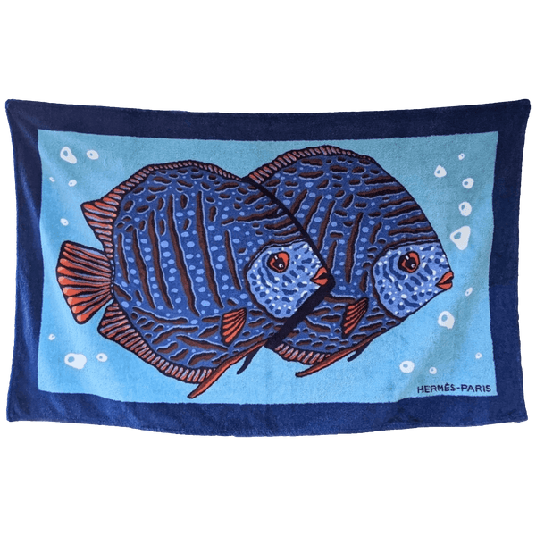 HERMES Poissons Tapis de Plage Terry Beach Towel 90 x 150 cm