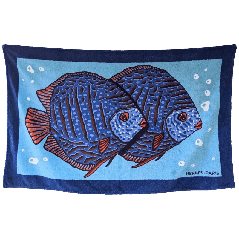 HERMES Poissons Tapis de Plage Terry Beach Towel 90 x 150 cm