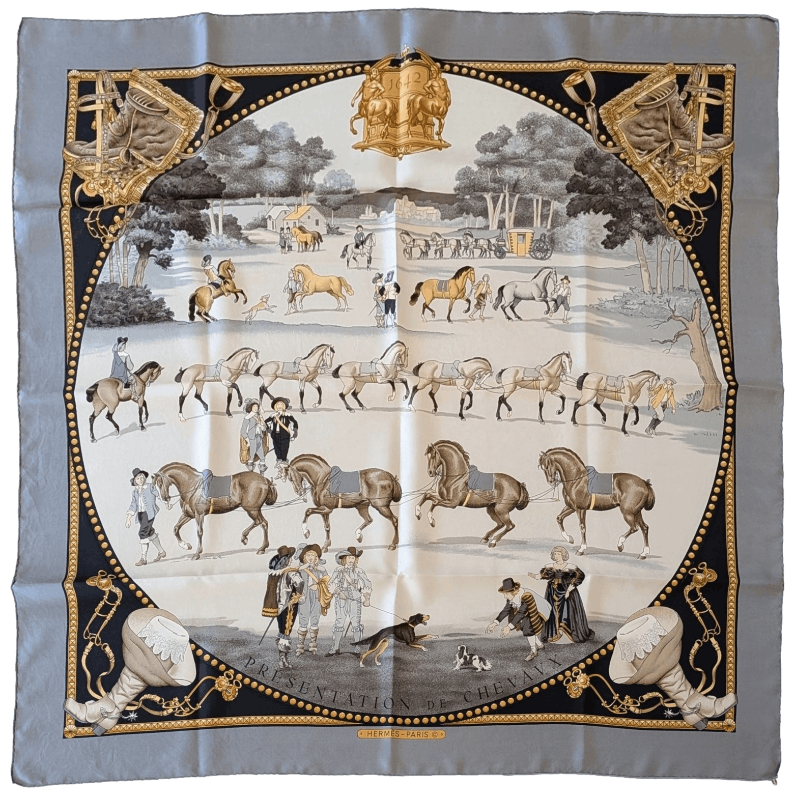 HERMES Presentation de Chevaux Twill Silk Scarf 90