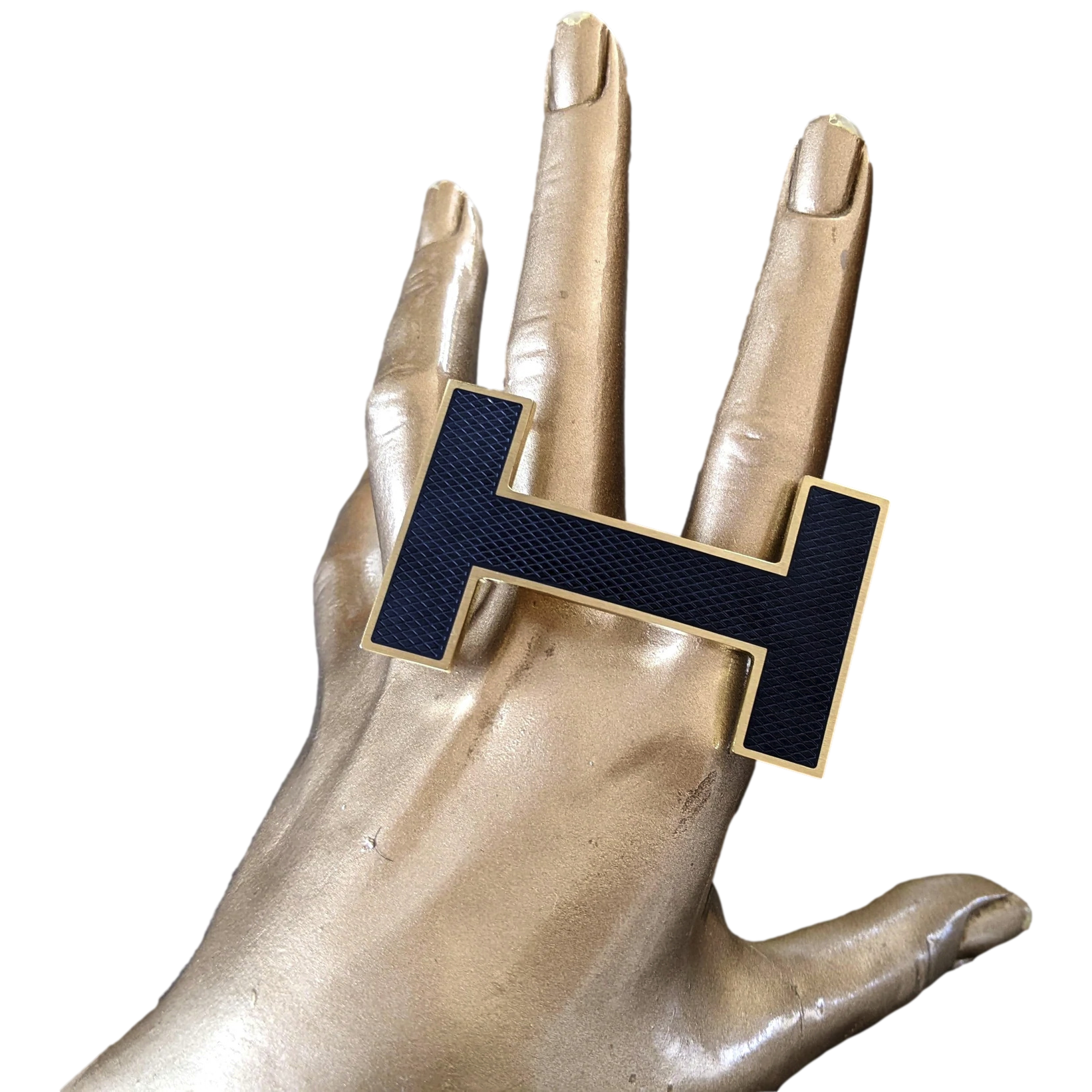 Hermes Permabrass/Dark Blue Textured Belt Buckle "Quizz" 32 mm