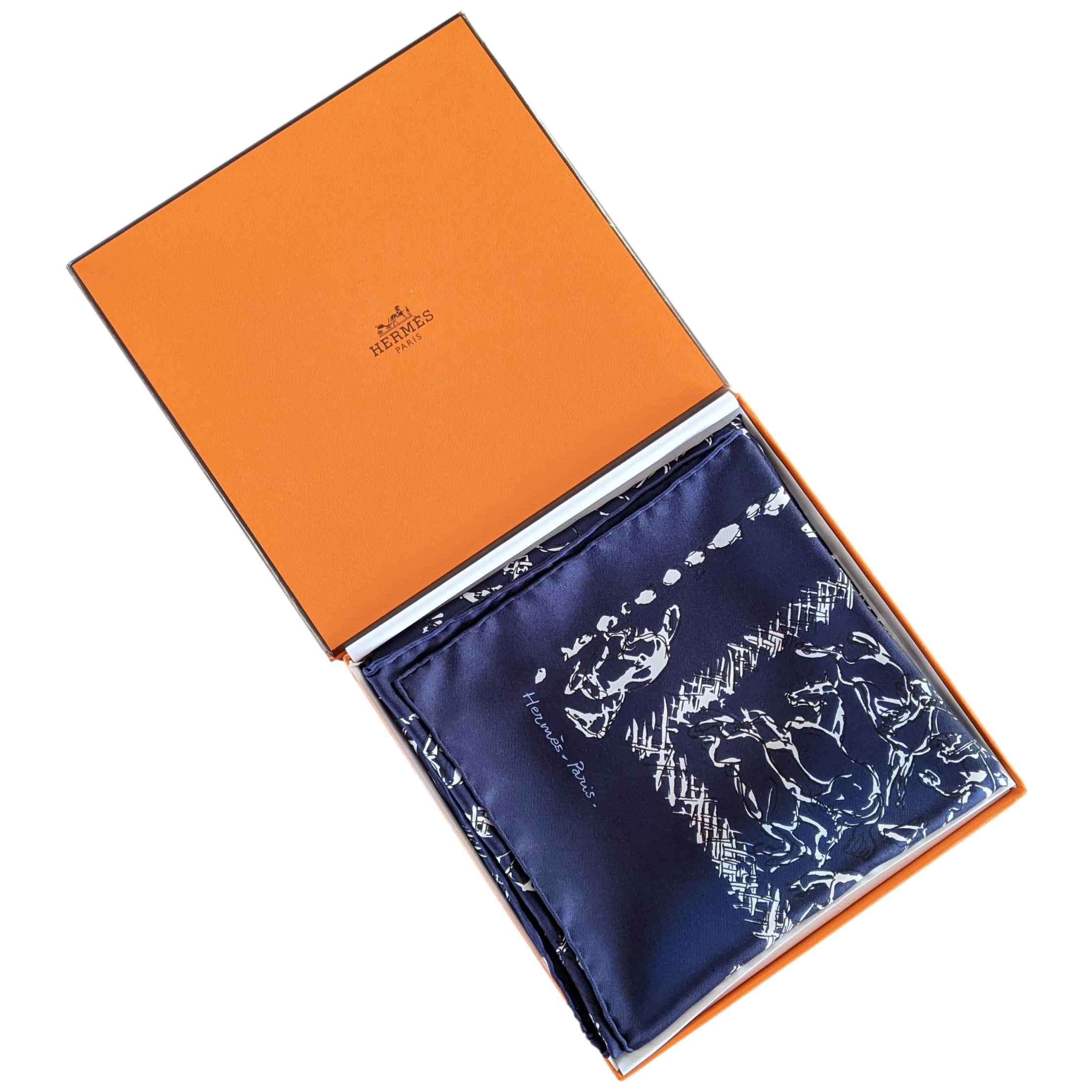 Hermes 2014 Marine/Blanc Special Issue "Ranch" by Philippe Dumas Twill Silk Bandana Carre 55