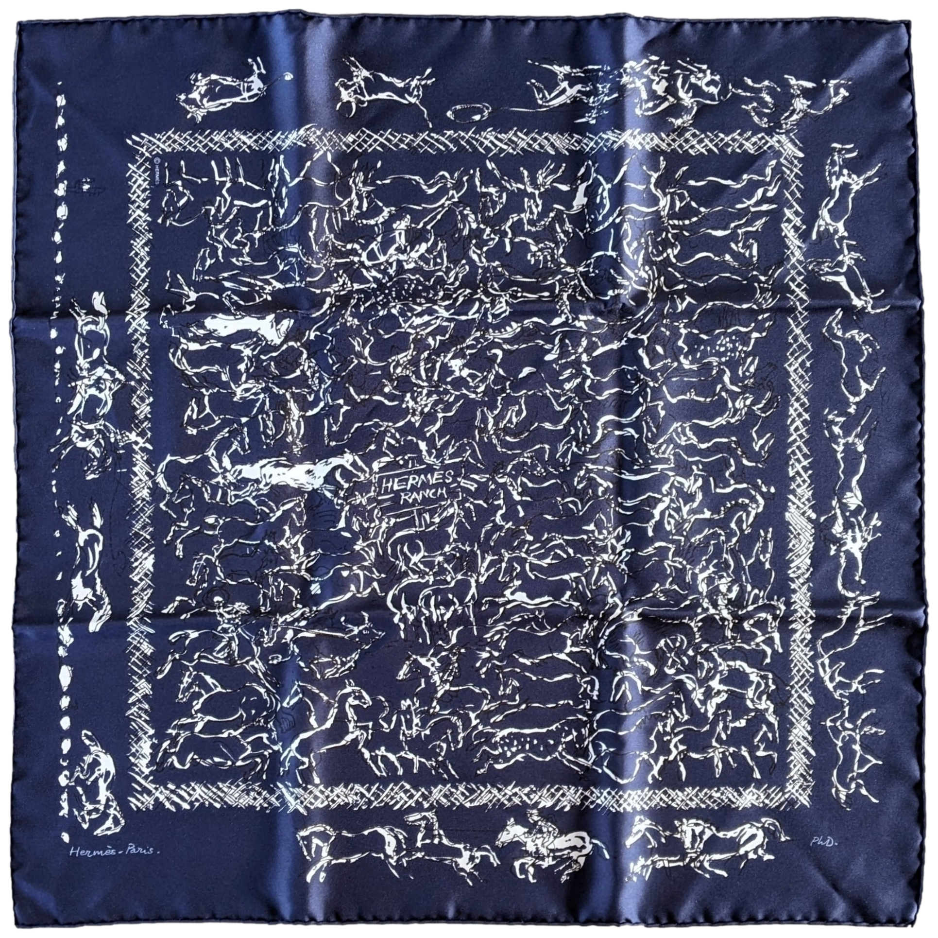 Hermes 2014 Marine/Blanc Special Issue "Ranch" by Philippe Dumas Twill Silk Bandana Carre 55