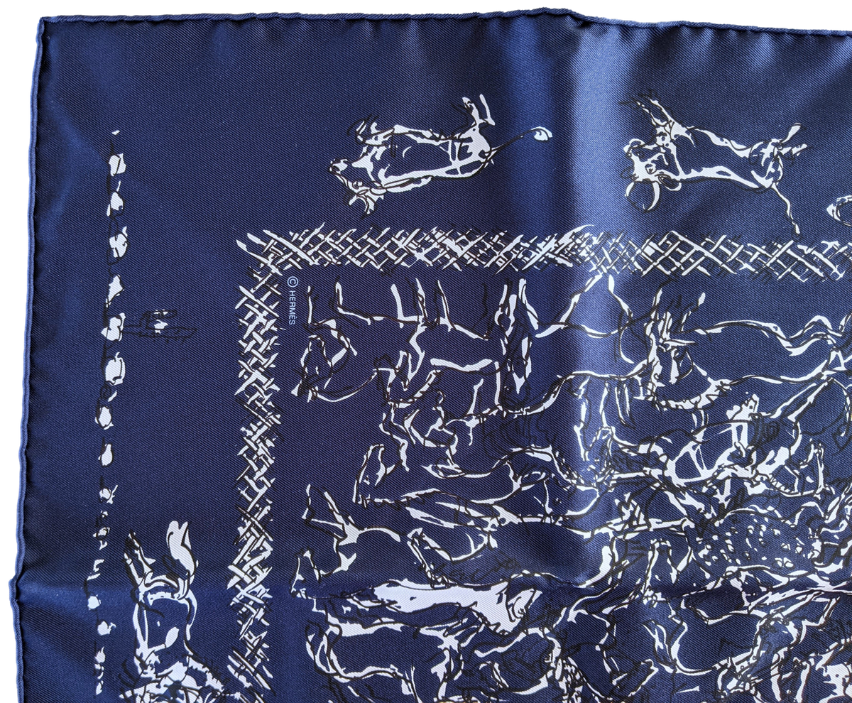 Hermes 2014 Marine/Blanc Special Issue "Ranch" by Philippe Dumas Twill Silk Bandana Carre 55