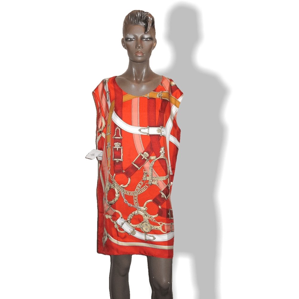 Hermes Red Vermillon 100% Silk Cavalcadour Tunique Sleeveless Tunic Dress, Sz38, NWT! - poupishop