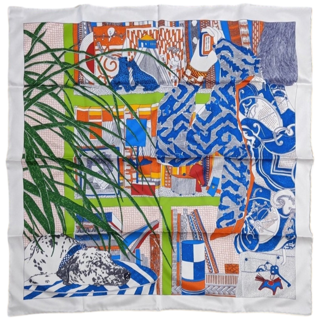 Hermes Blanc/Rouge/Vert "Rendez-Vous chez Hermes" by Carine Brancowitz Vintage Silk 70 cm