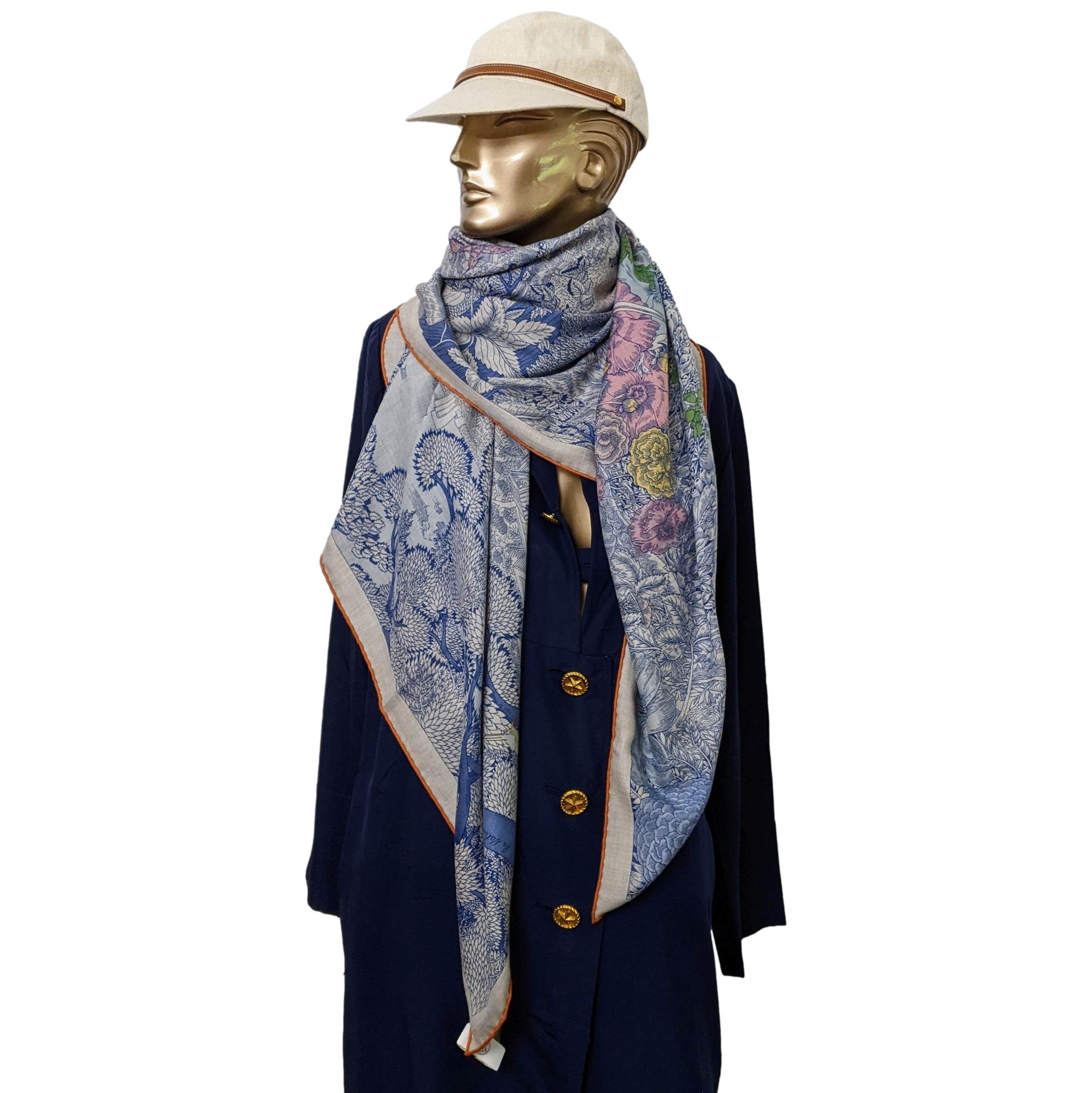 HERMES RETOUR A LA NATURE [Jutta40] Bleu jean/Rose/Vert Cashmere Shawl 140 x 140 cm