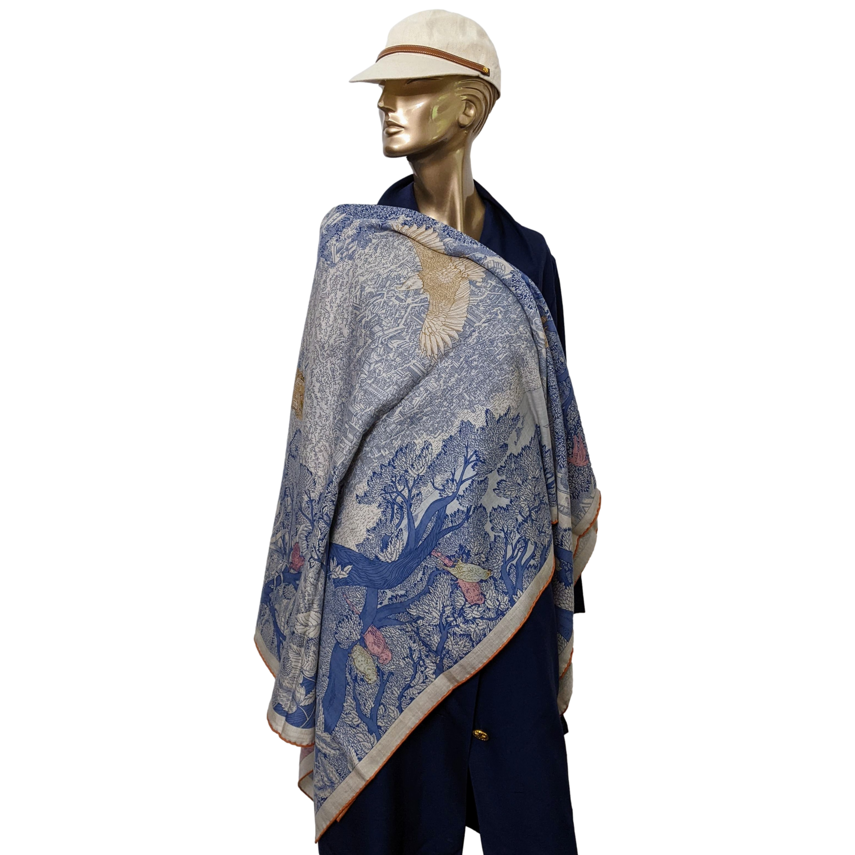 HERMES RETOUR A LA NATURE [Jutta40] Bleu jean/Rose/Vert Cashmere Shawl 140 x 140 cm