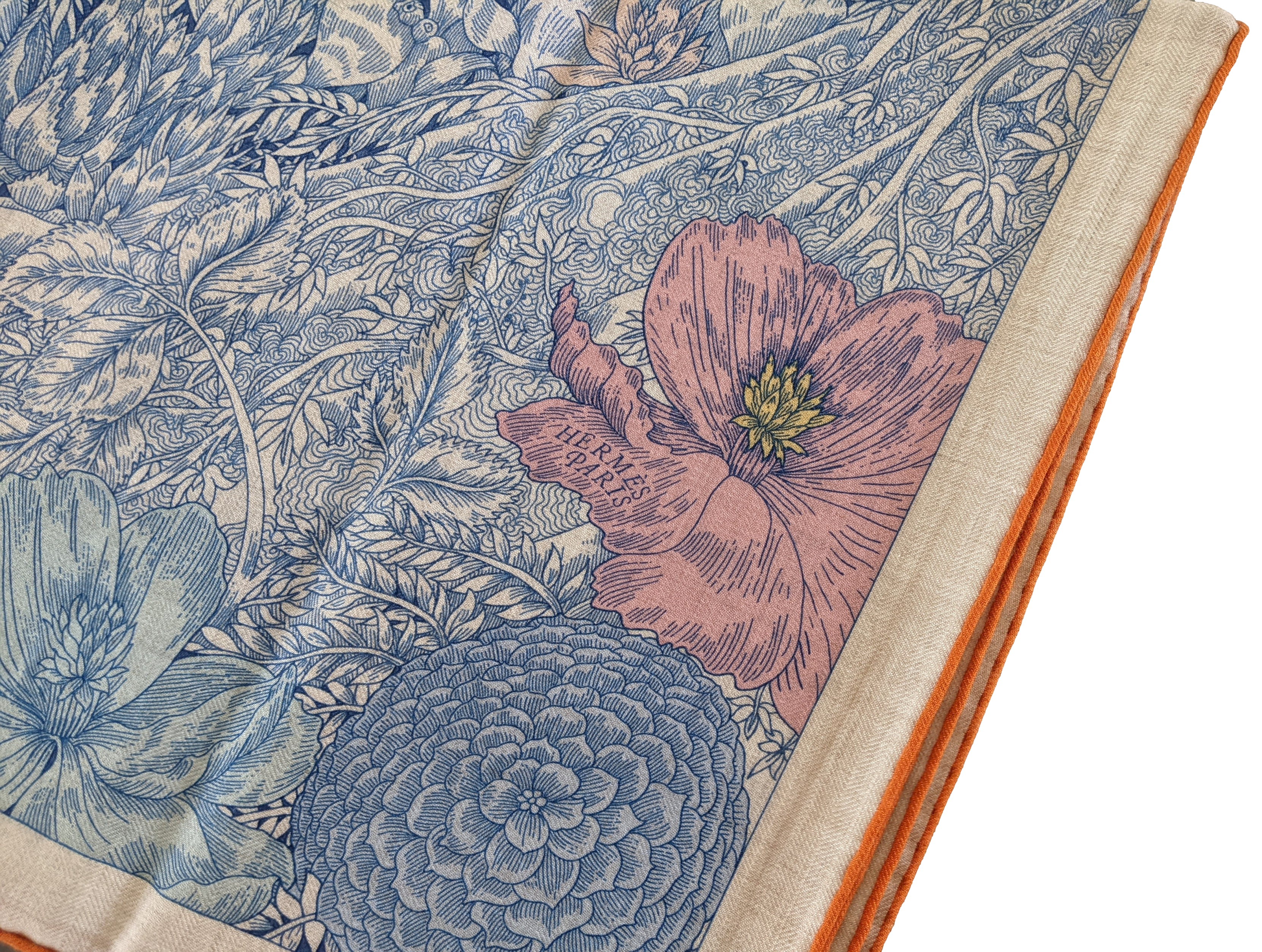 HERMES RETOUR A LA NATURE [Jutta40] Bleu jean/Rose/Vert Cashmere Shawl 140 x 140 cm