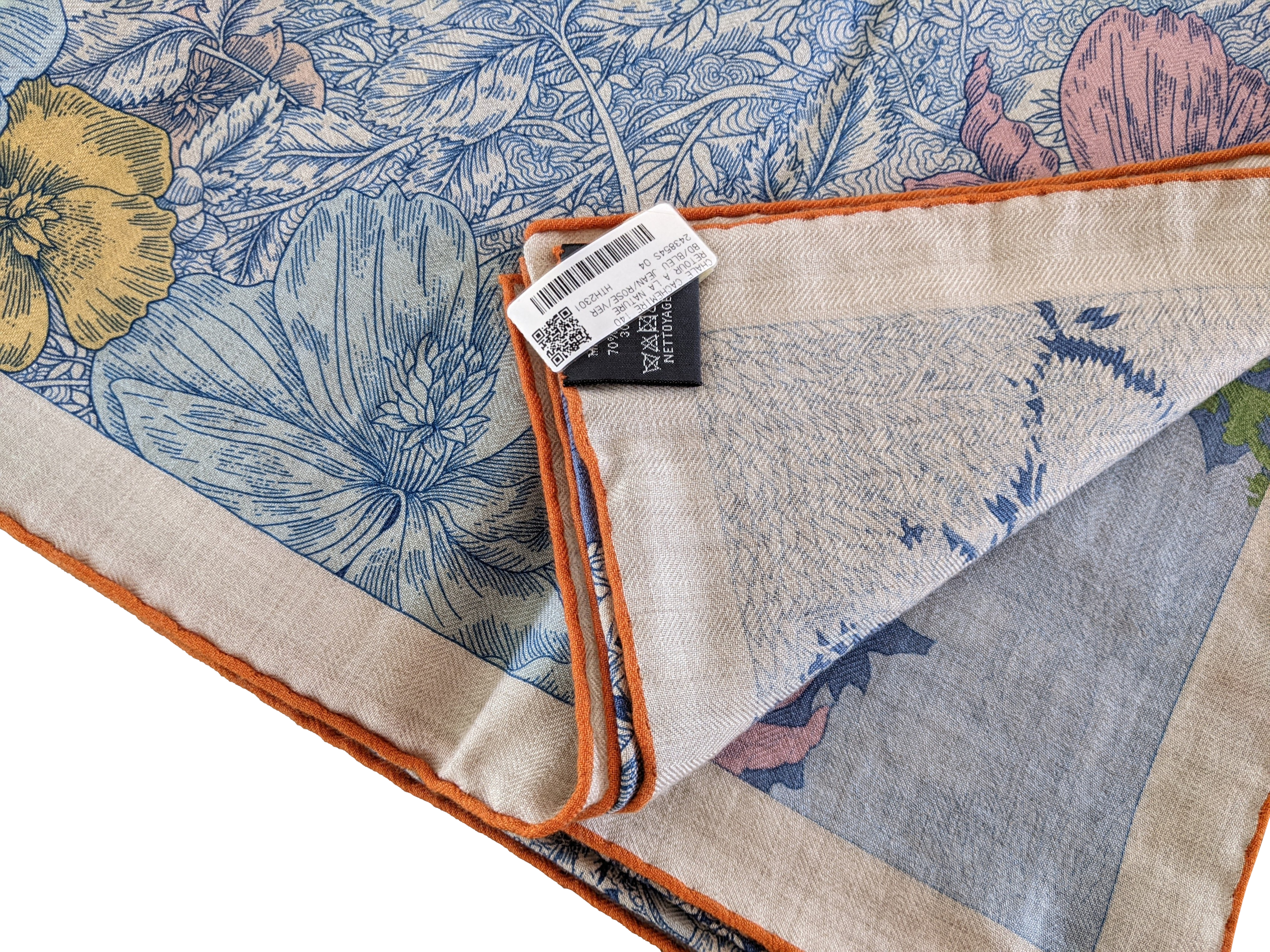 HERMES RETOUR A LA NATURE [Jutta40] Bleu jean/Rose/Vert Cashmere Shawl 140 x 140 cm