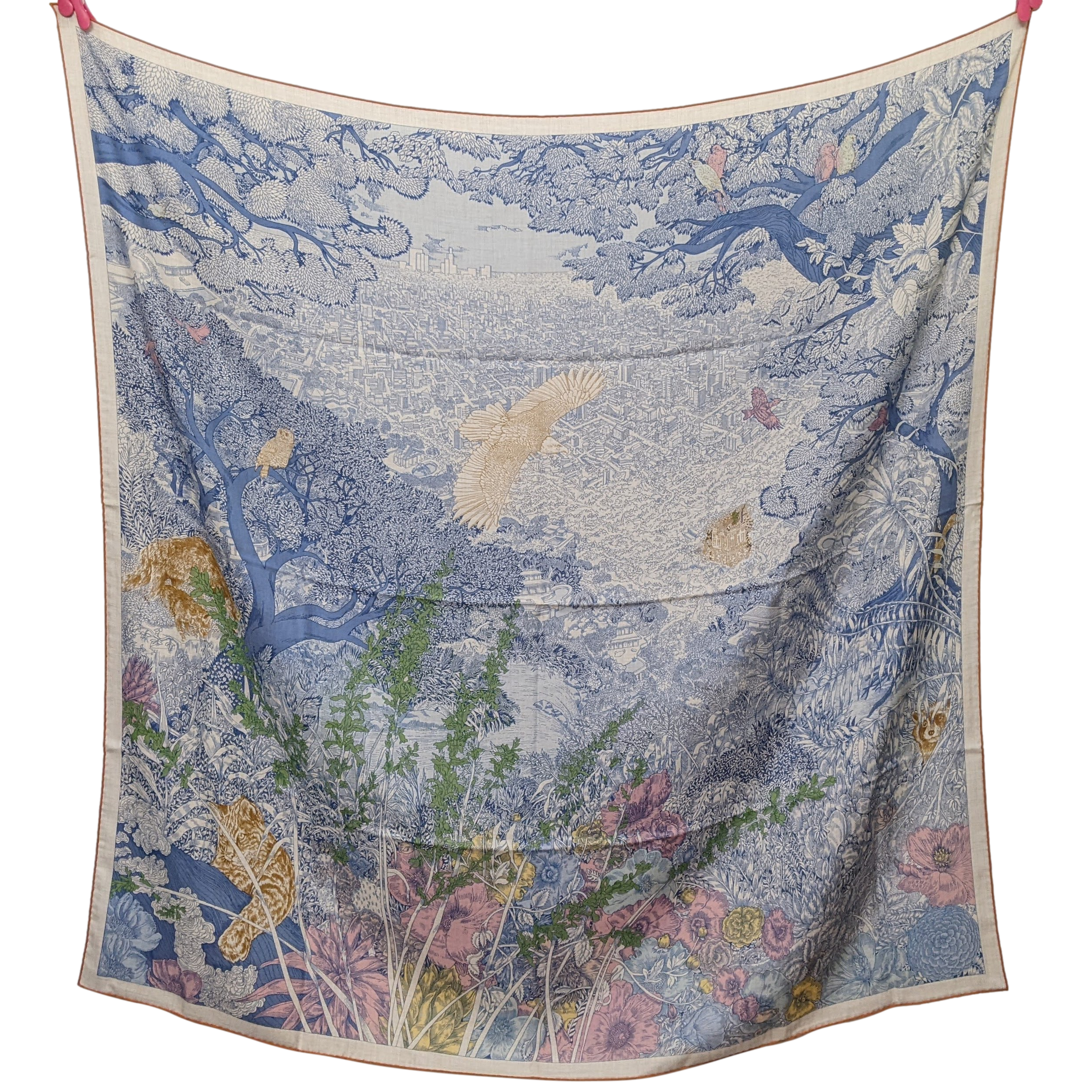 HERMES RETOUR A LA NATURE [Jutta40] Bleu jean/Rose/Vert Cashmere Shawl 140 x 140 cm