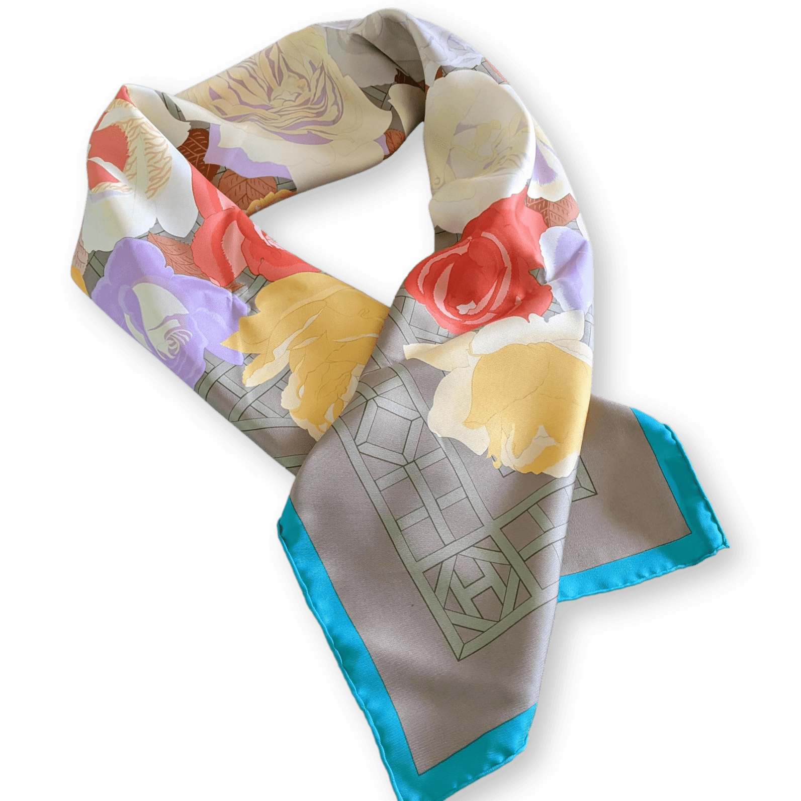 HERMES 1980s Roseraie by Christiane Vauzelles Twill Silk Scarf 90 x 90 cm