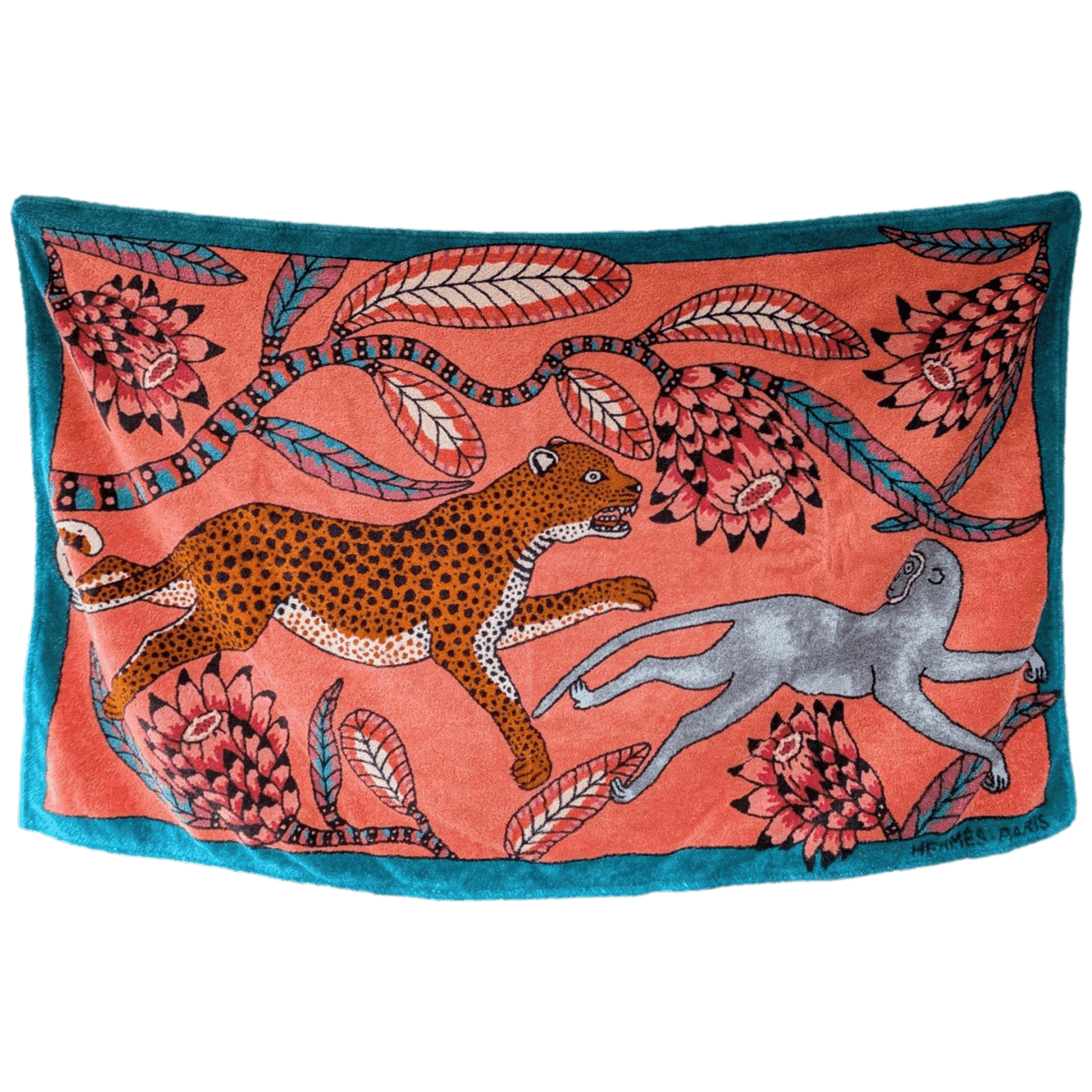 HERMES Savana Dance Ardmore Artists Beach Towel Coral Pink Emerald Green GM 90 x 150 cm