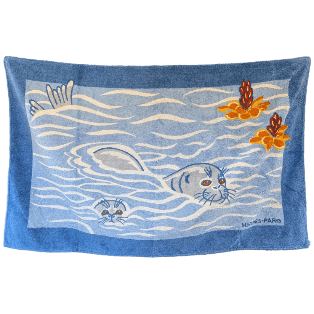 HERMES Seals Beach Towel Blue Orange GM 90 x 150 cm Pristine