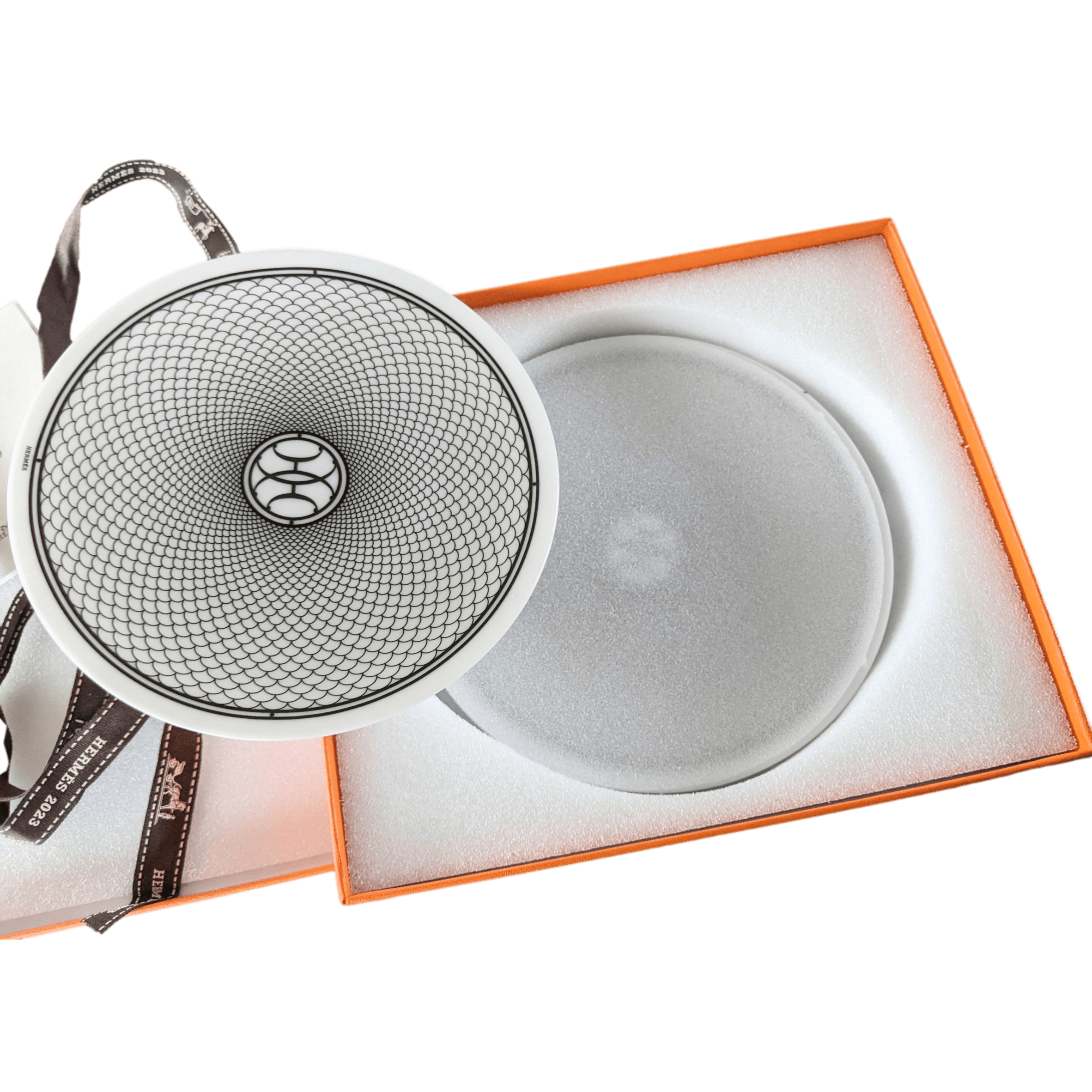 HERMES Set of 2 H Deco N° 1 Porcelain Small Plates, New in Box