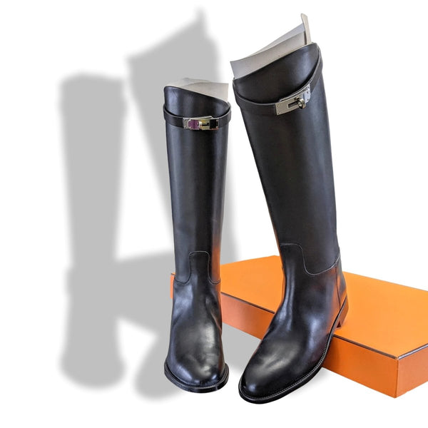 Hermes [SH13] Black Calfskin Leather Women's JUMPING Equistrian Style Boots Tige Large Sz 38.5 G, BNIB - poupishop
