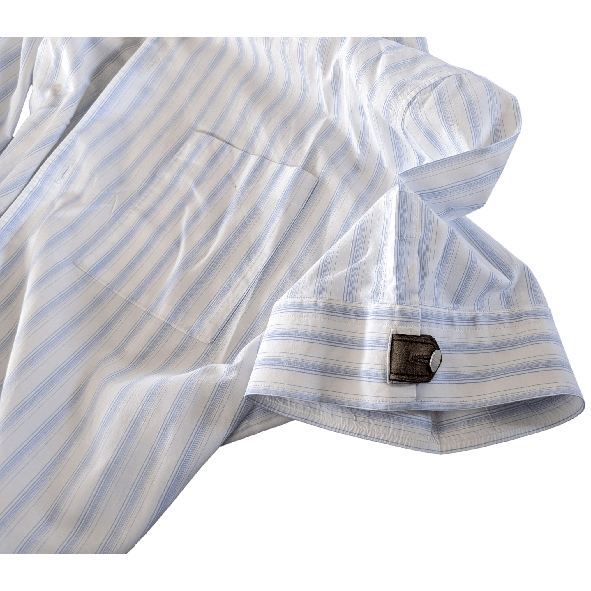 HERMES Men's Blue Lined Cotton Short Sleeves Shirt with Leather Detail, Sz44