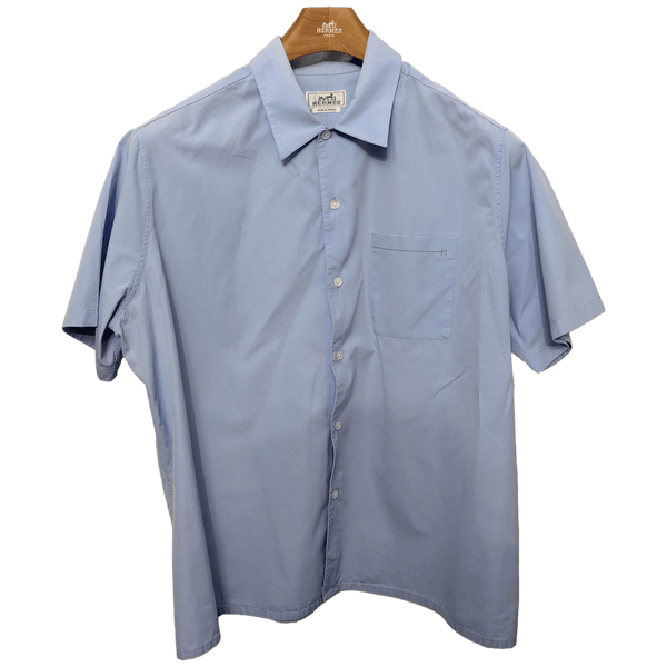 HERMES Men's Blue Pilote Cotton Short Sleeves Shirt, Sz44