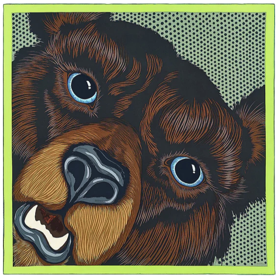 Hermes Marron/Lime/Sapin Special Issue "Yellowstone Forever Grrrrr!" by Alice Shirley Scarf Silk 100