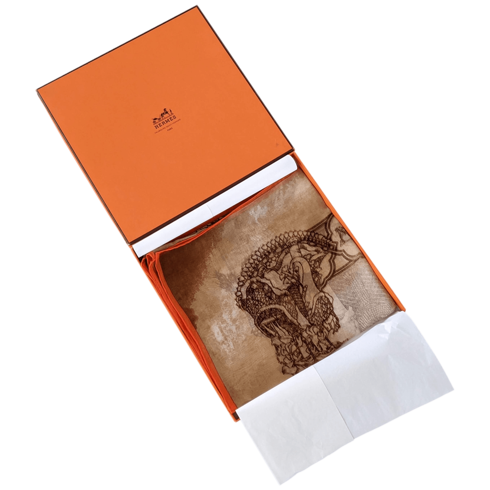 HERMES SPLENDEUR DES MAHARAJAS 2000s Old Parchment Paper Effect Chiffon Mousseline 90 x 90 cm