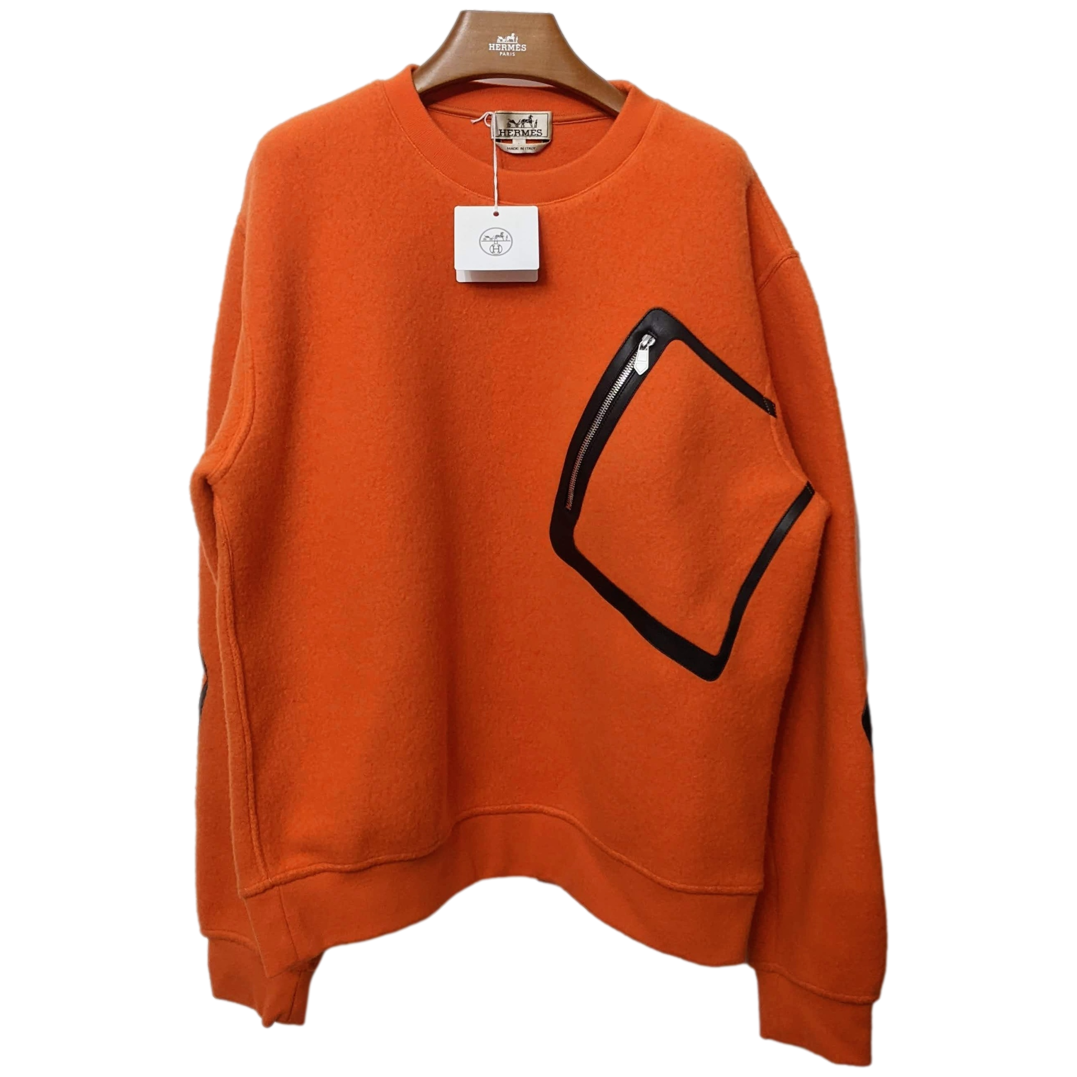 HERMES SWEAT COL ROND DETAIL CUIR Teddy Wool Crew-Neck Sweater SzL