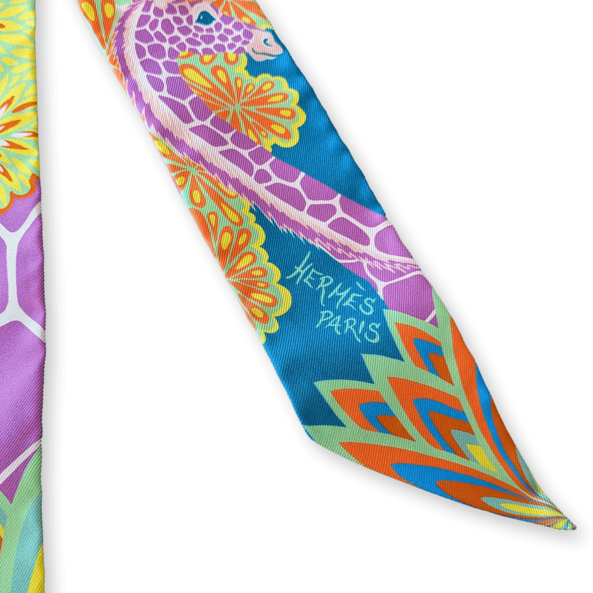 HERMES The Three Graces Twilly Silk Bleu Canard Mauve Jaune Fluo New in Box