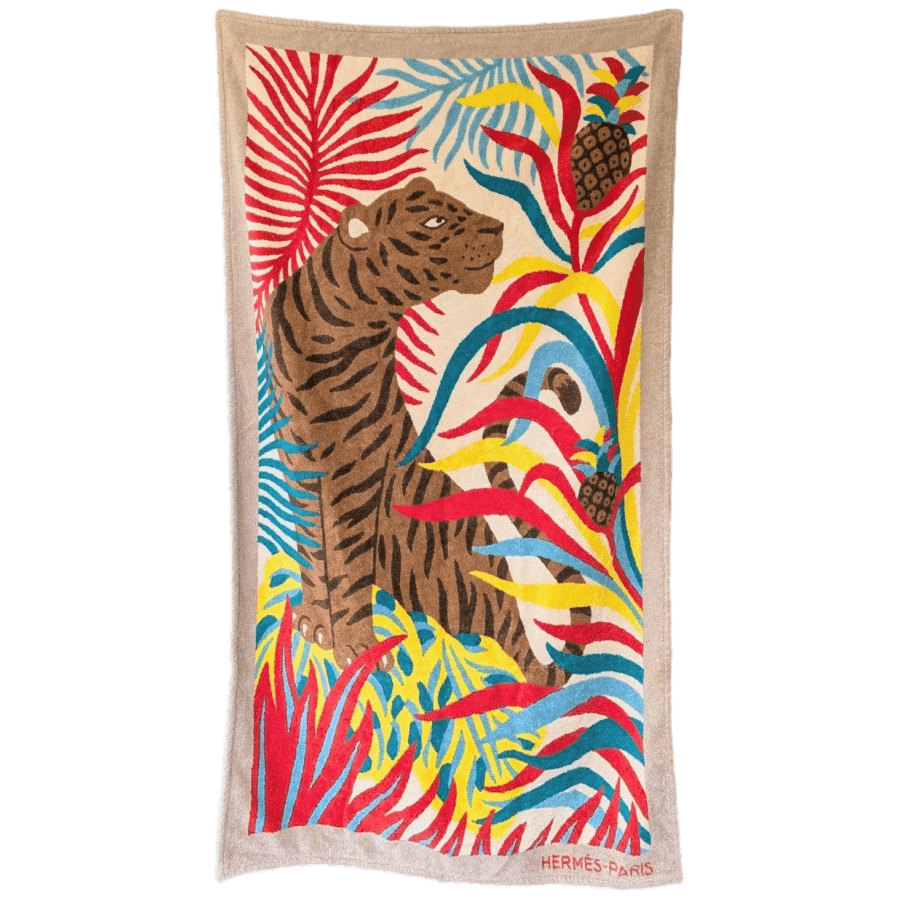 HERMES Tigre a l Ananas Beach Towel GM 90 x 150 cm Sand Ivory Red Cotton Terry