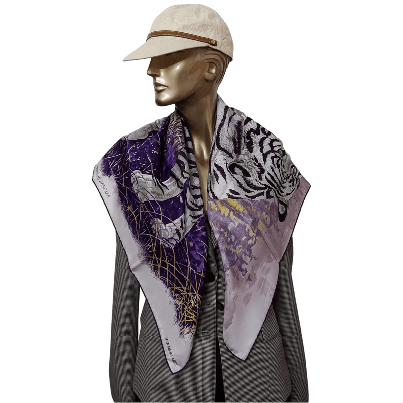 HERMES TIGRE DU BENGALE 2012 Purple/White/Grey by Robert Dallet Twill 90 x 90 cm