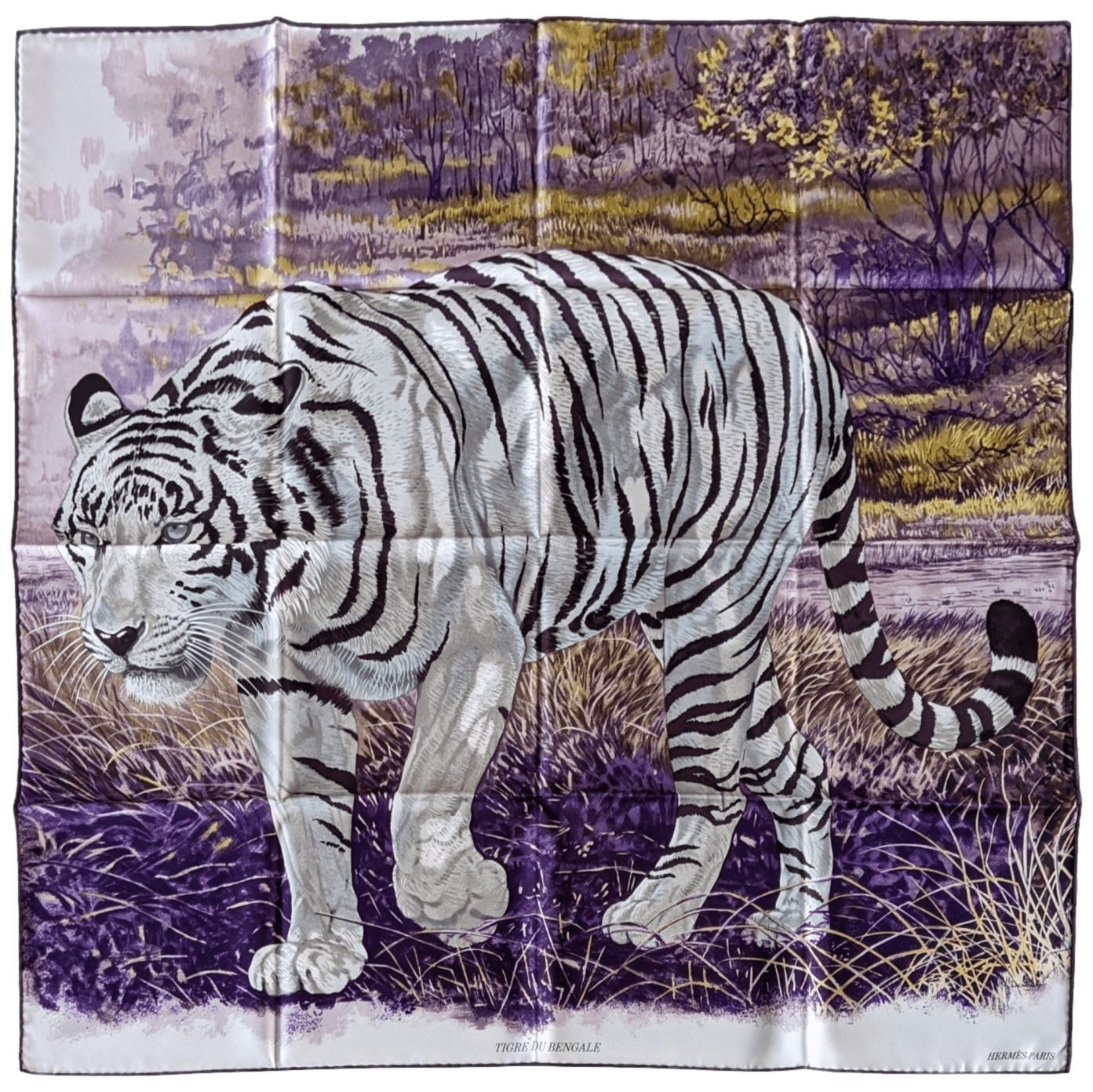HERMES TIGRE DU BENGALE 2012 Purple/White/Grey by Robert Dallet Twill 90 x 90 cm