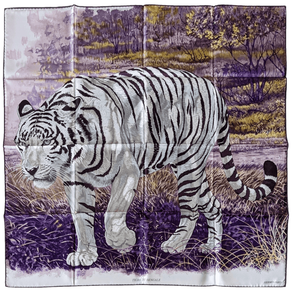 HERMES TIGRE DU BENGALE 2012 Purple/White/Grey by Robert Dallet Twill 90 x 90 cm