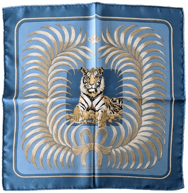 HERMES TIGRE ROYAL Blue/Gold Twill Gavroche 45 x 45 cm