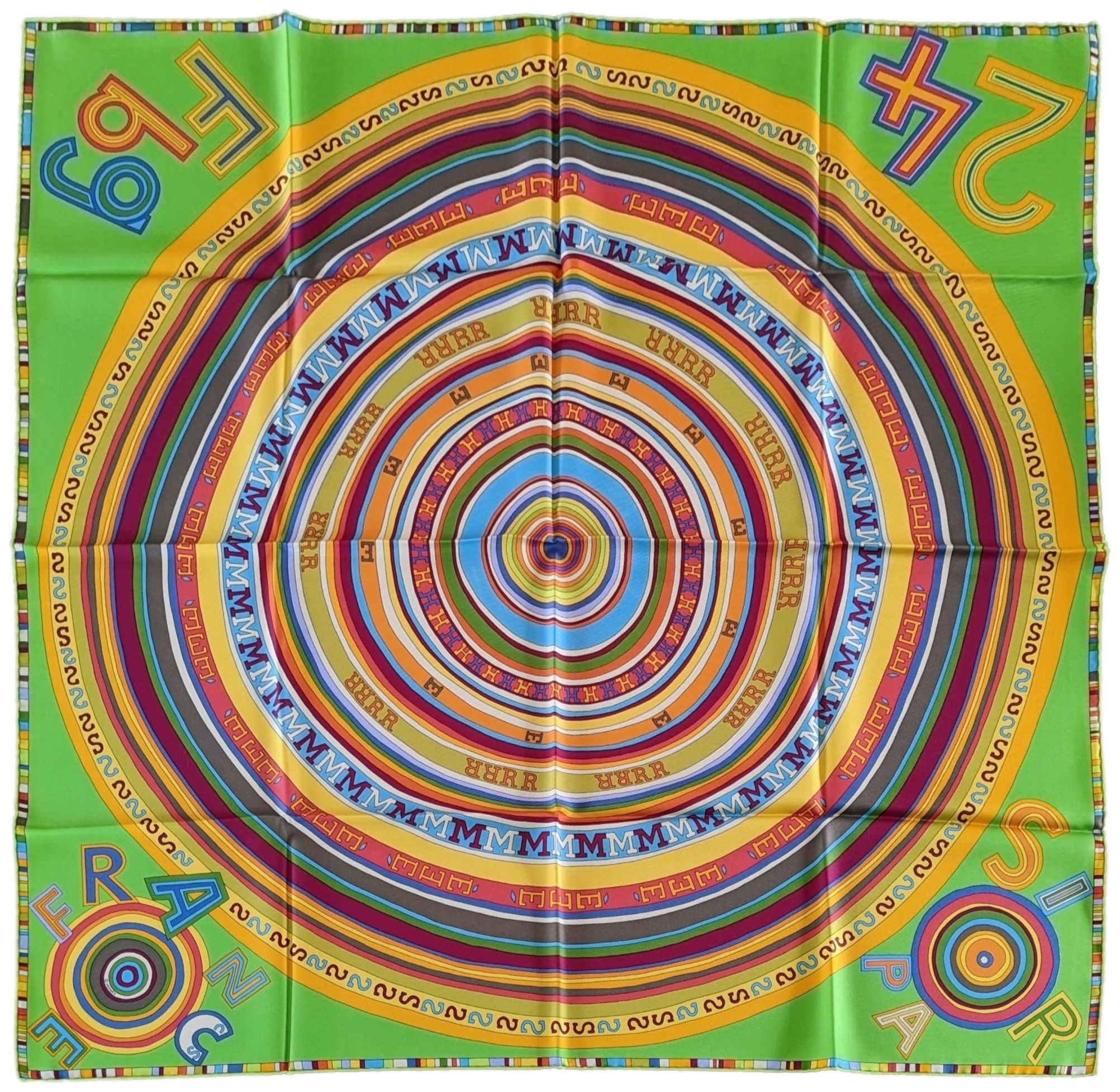 HERMES TOHU BOHU 2004 Green/Multi Twill Silk Scarf 90 x 90 cm,