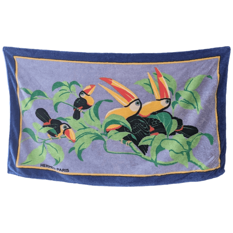 HERMES TOUCANS Vintage Cotton Terry Beach Towel 90 x 150 cm