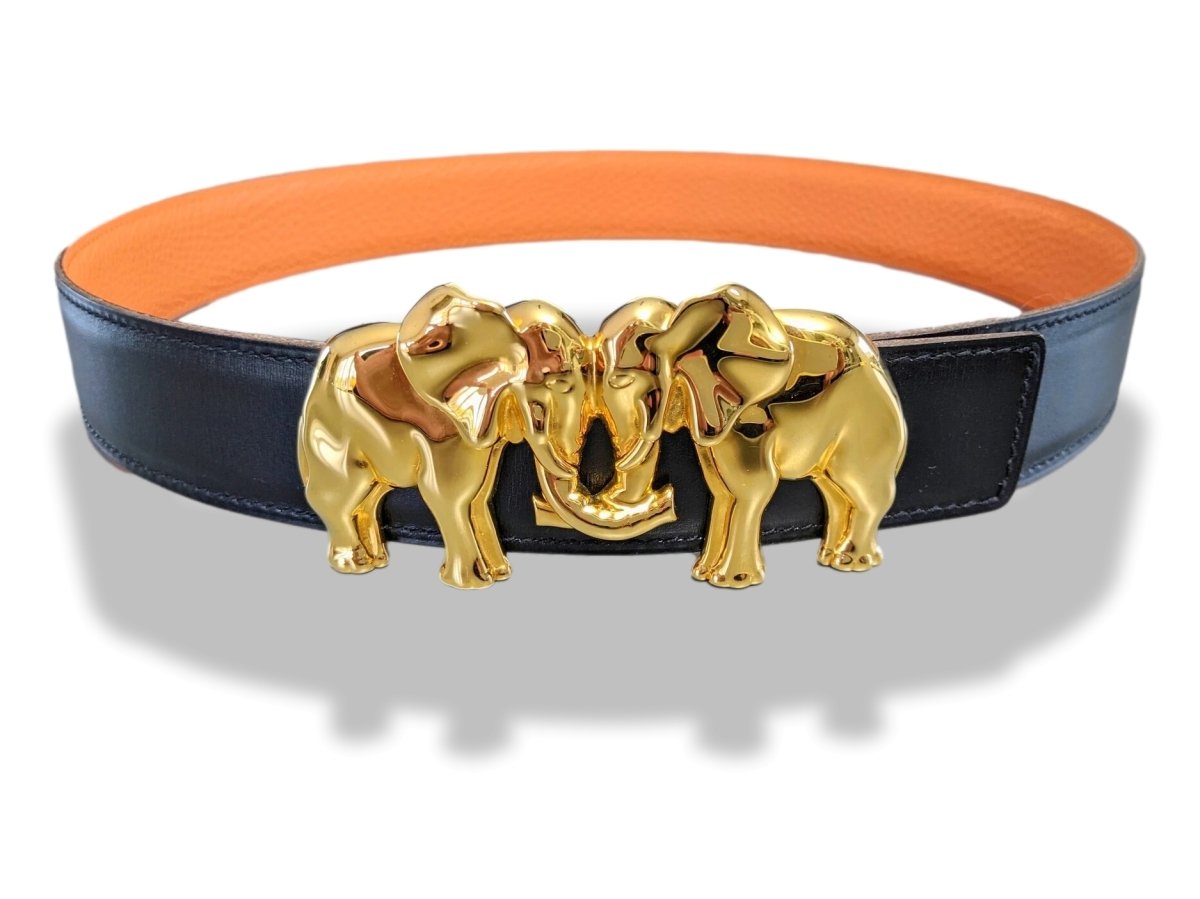 Hermes Vintage 1990cms Plated Yellow Gold ELEPHANTS Belt Buckle 32mm, Rare! - poupishop