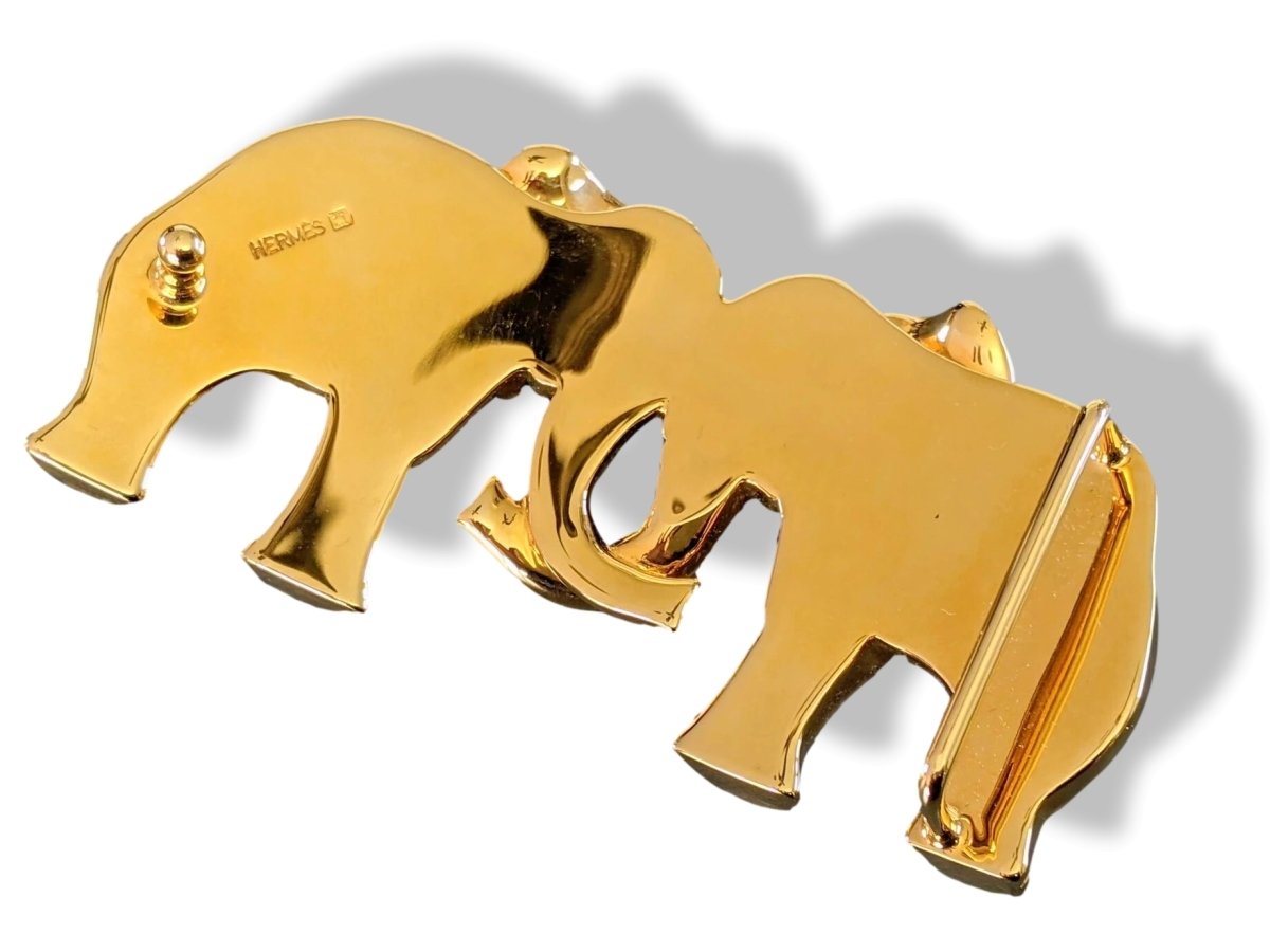 Hermes Vintage 1990cms Plated Yellow Gold ELEPHANTS Belt Buckle 32mm, Rare! - poupishop