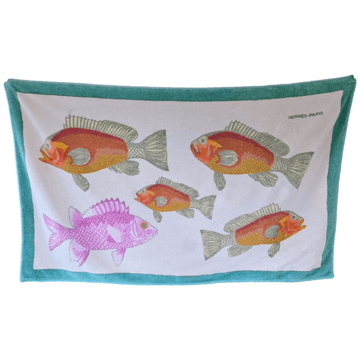 HERMES Vintage Bali Fishes Beach Towel Mint Green Multicolor GM 90 x 150 cm Excellent